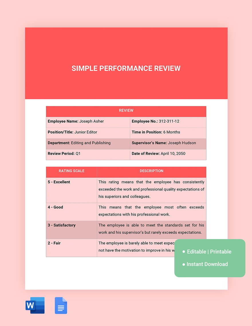 Free Simple Performance Review Template in Word, Google Docs