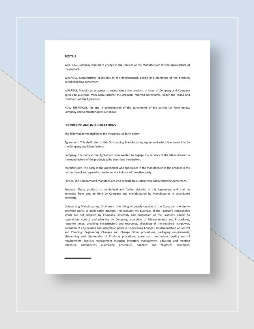 Outsourcing Manufacturing Agreement Template