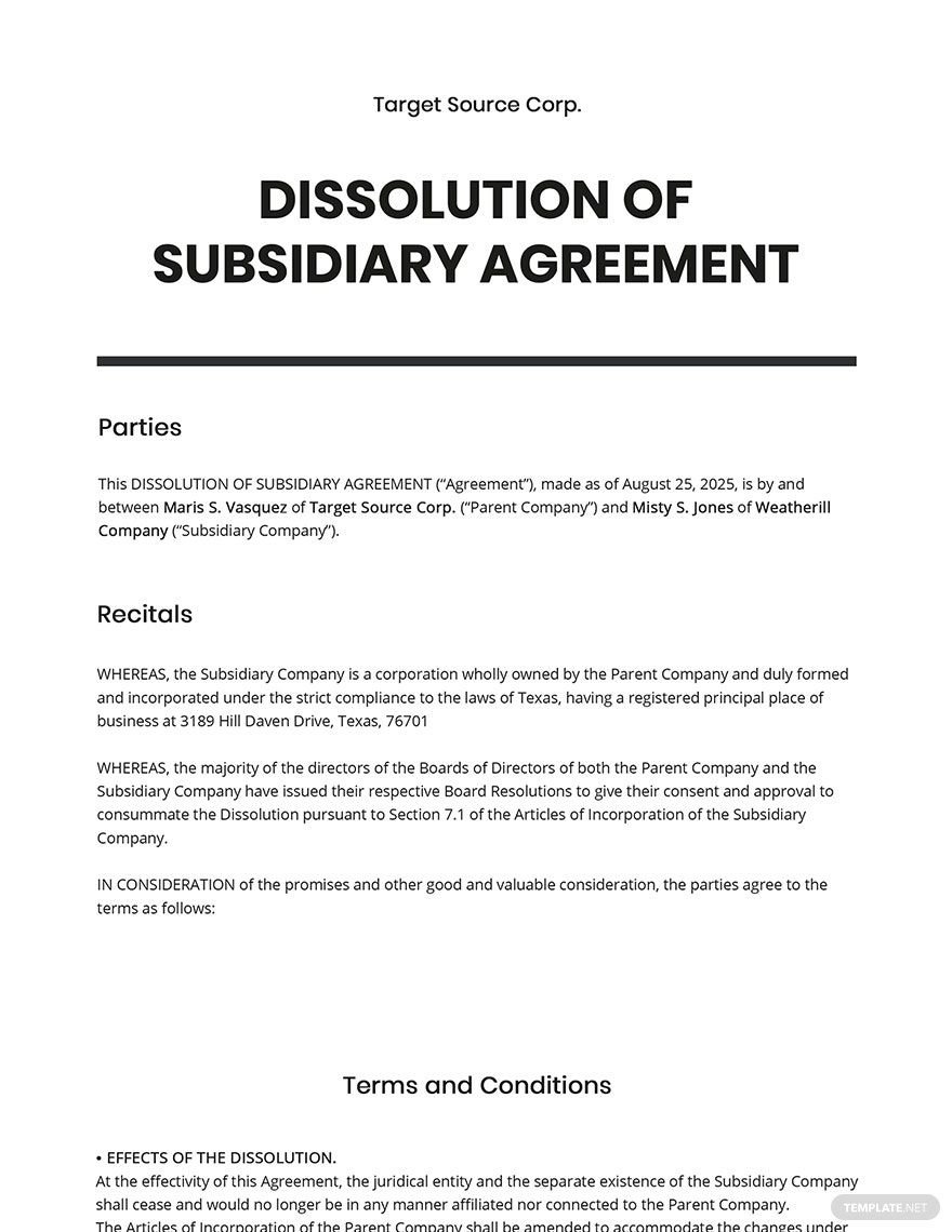 Dissolution of Subsidiary Agreement Template Google Docs, Word, Apple