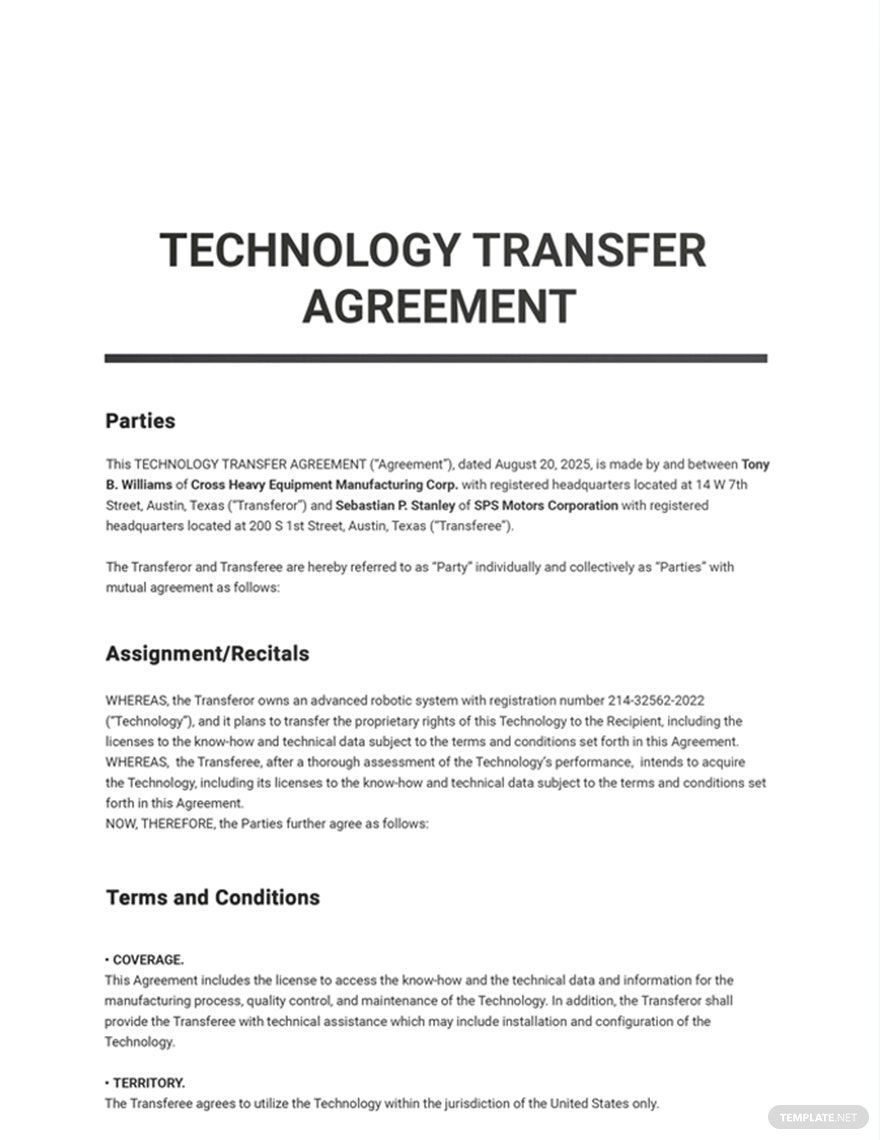 Technology Transfer Agreement Template