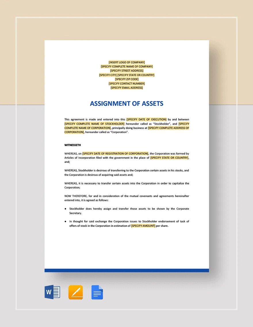 Assignment of Assets Template