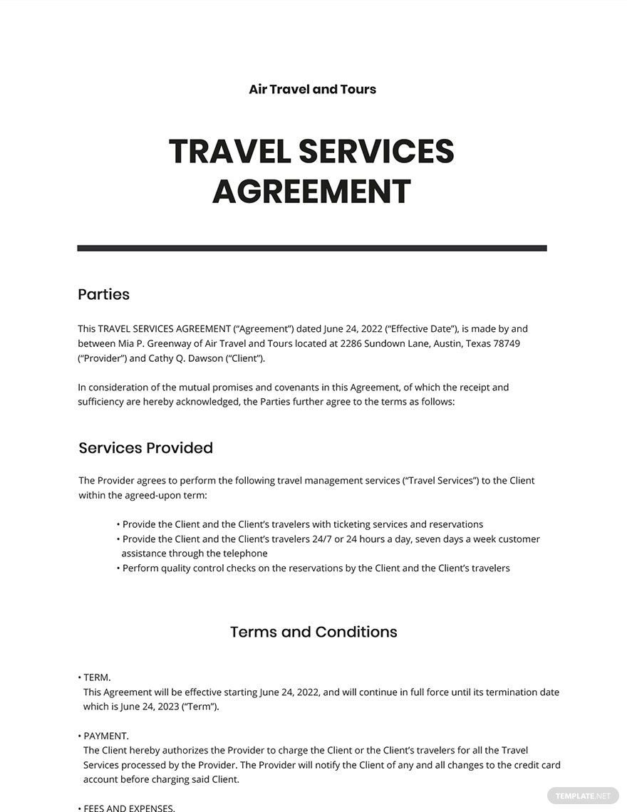 travel services agreement template