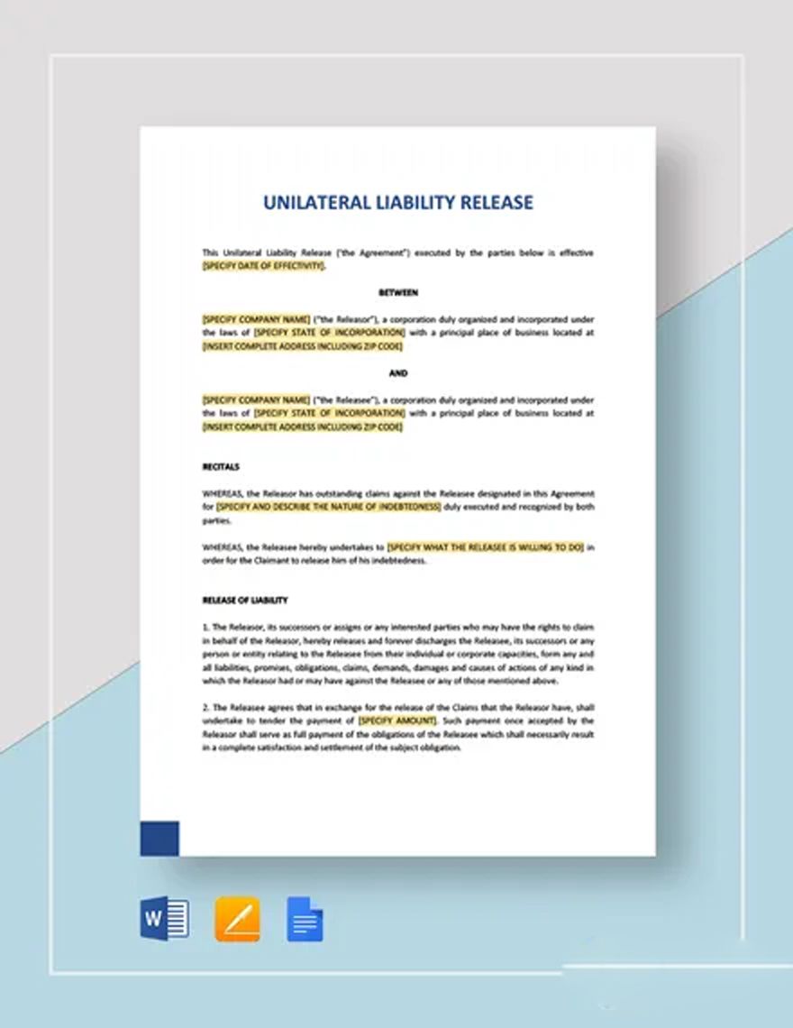 Unilateral Liability Release Template