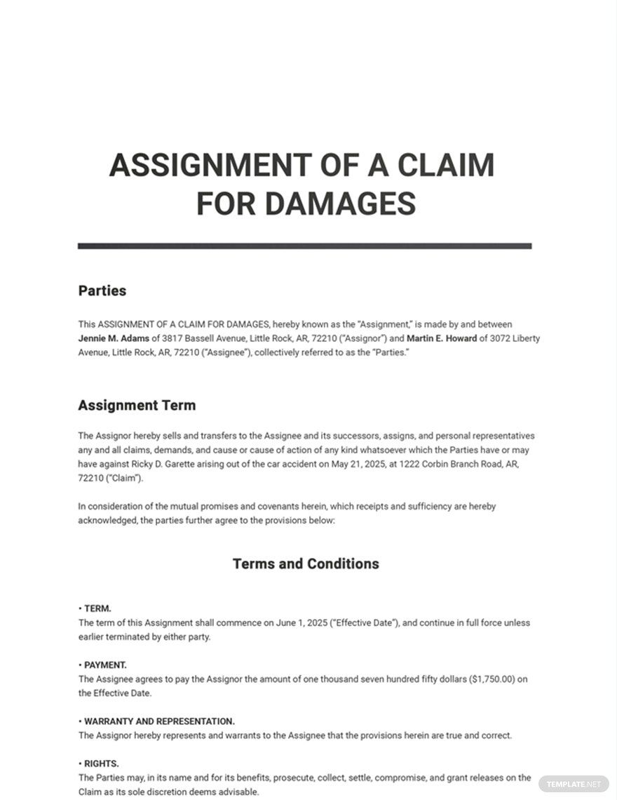 Assignment of a Claim for Damages Template