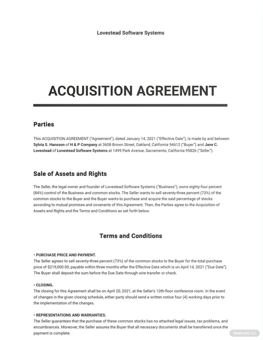 Acquisition Agreement Template Google Docs, Word, Apple Pages