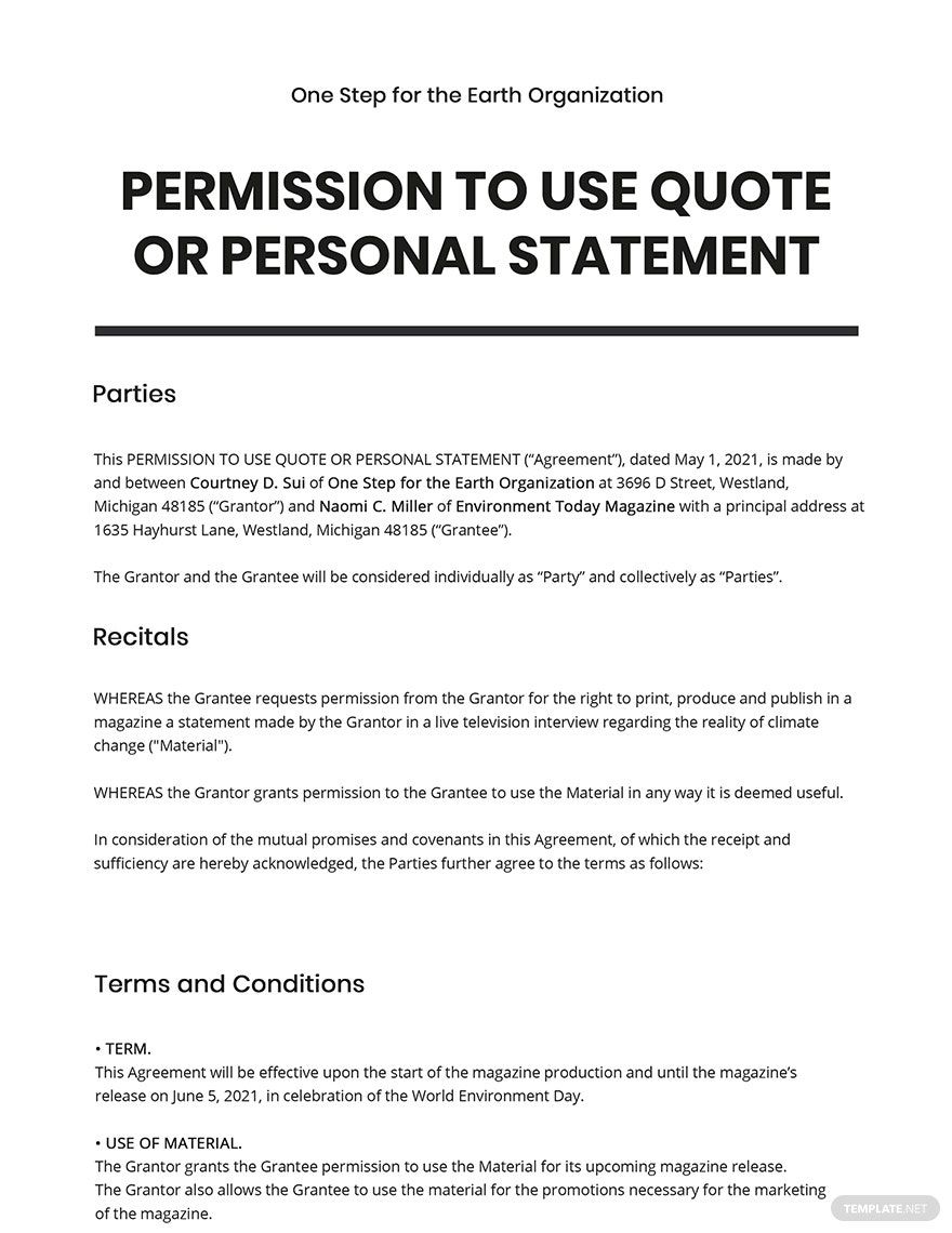 Permission to Use Quote or Personal Statement Template