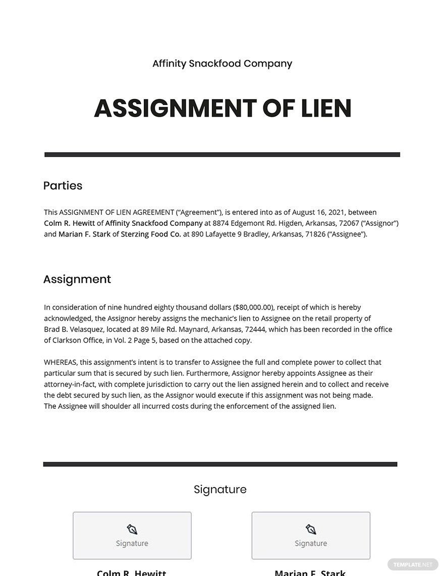 Free Assignment of Lien Template