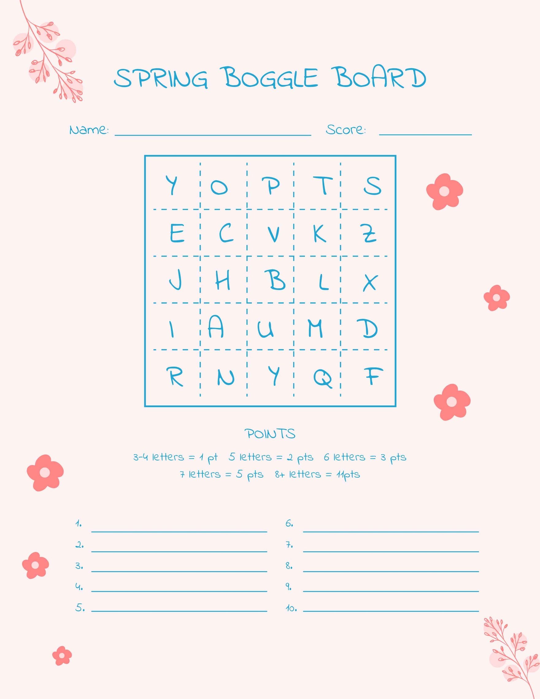 Spring Boggle Board Template in Word, Google Docs, PDF, Apple Pages