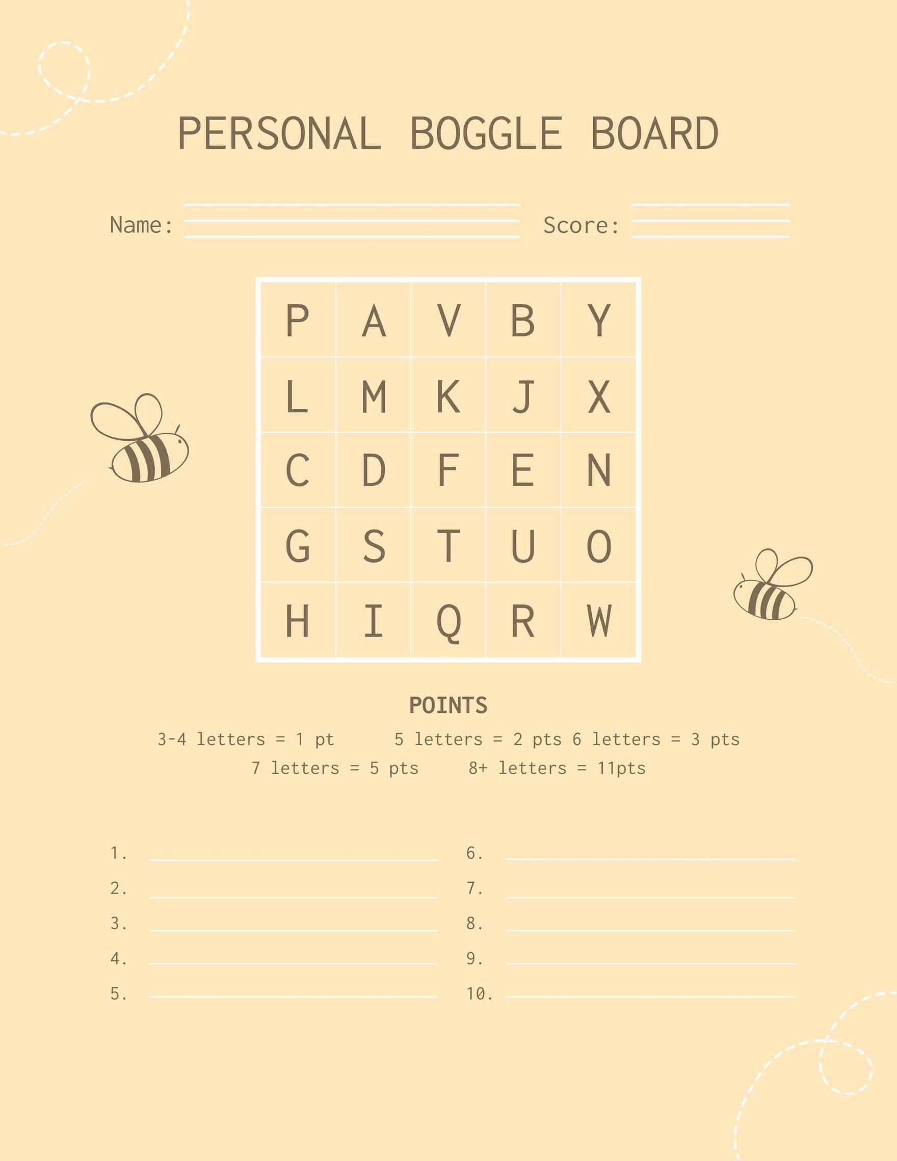 Personal Boggle Board Template