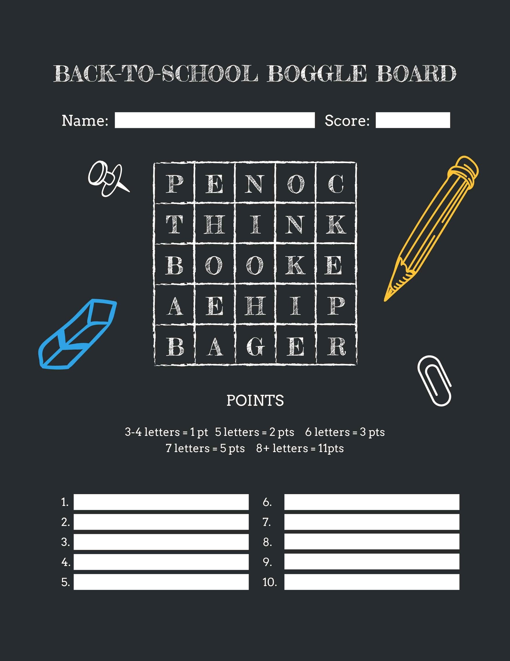 Back-to-School Boggle Board Template in Word, Google Docs, PDF, Apple Pages