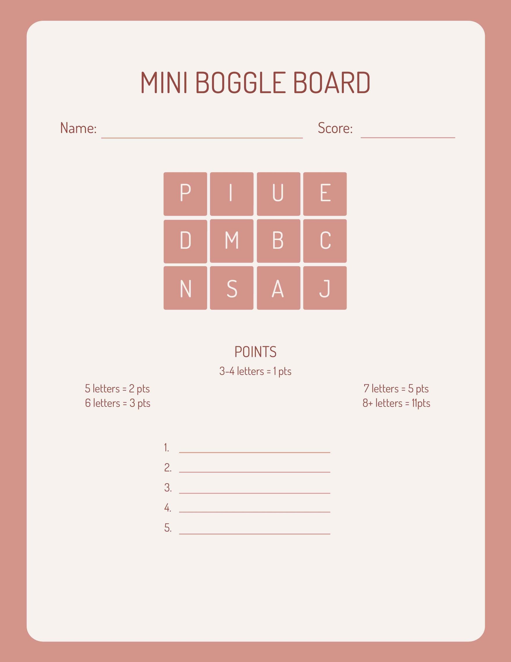 Mini Boggle Board Template in Word, Google Docs, PDF, Apple Pages