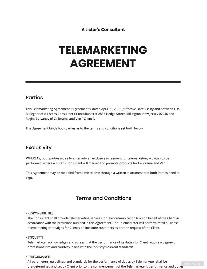 Telemarketing Agreement Template - Google Docs, Word, Apple Pages ...