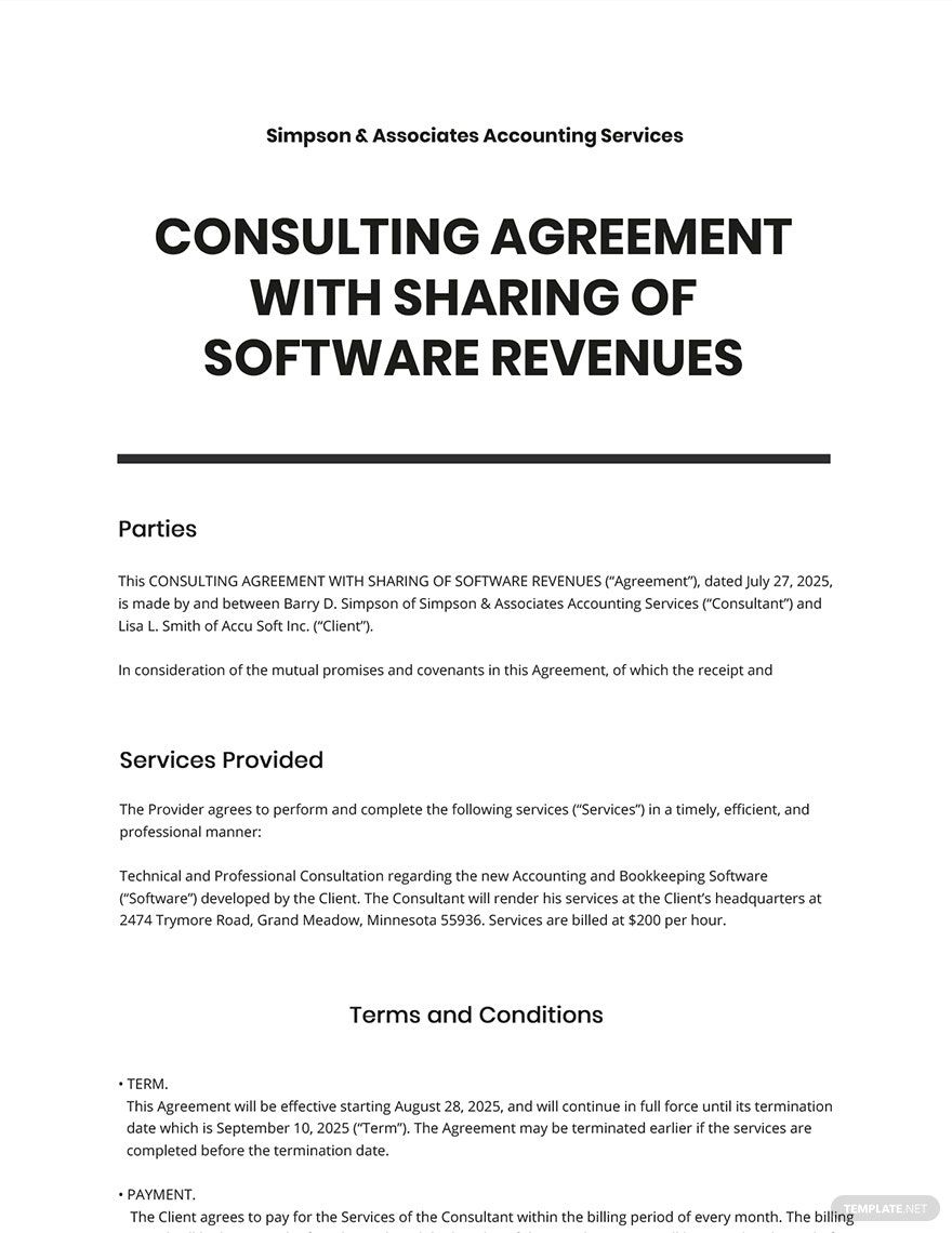 Consulting Agreement with Sharing of Software Revenues Template