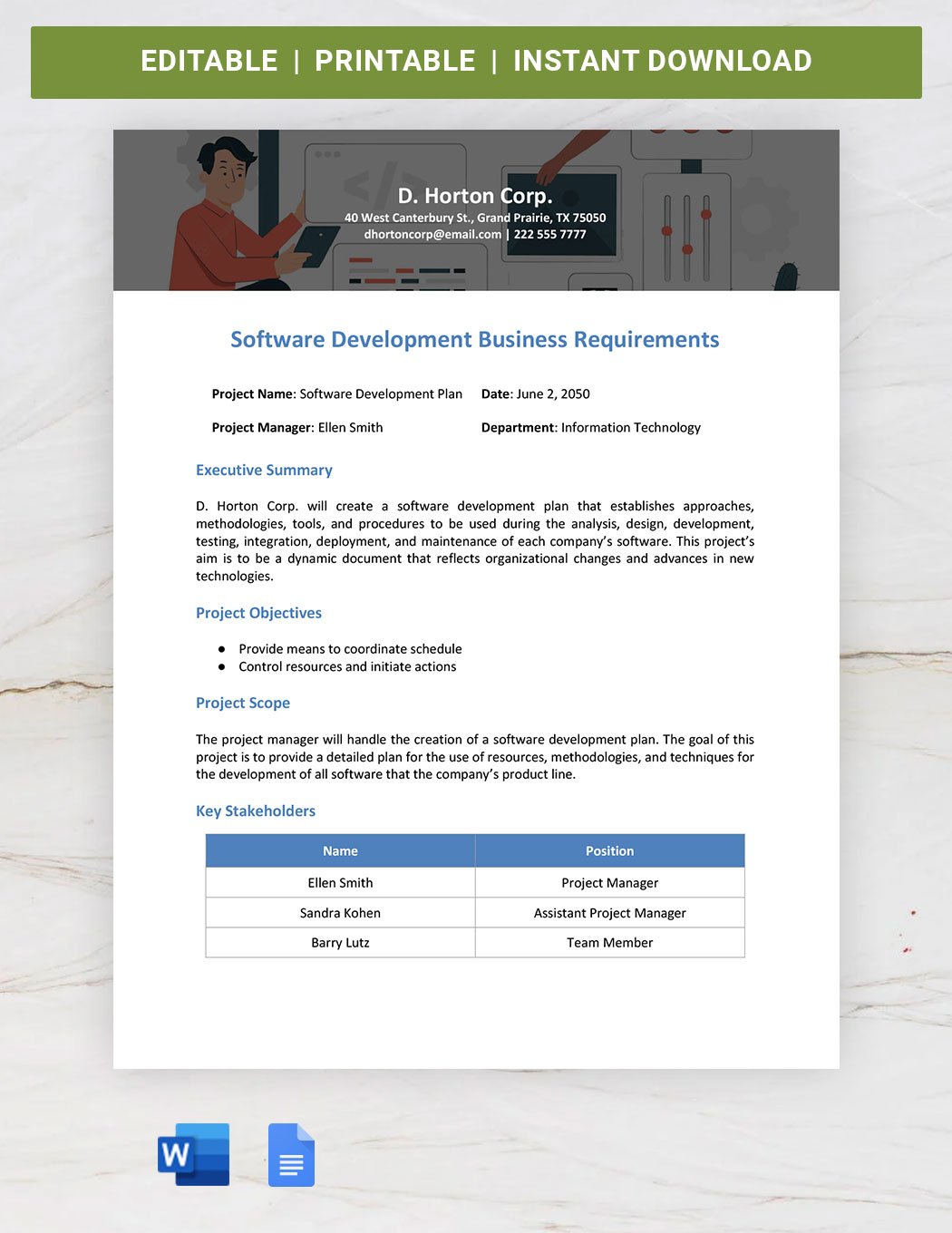 Software Development Business Requirements Template in Word, Google Docs