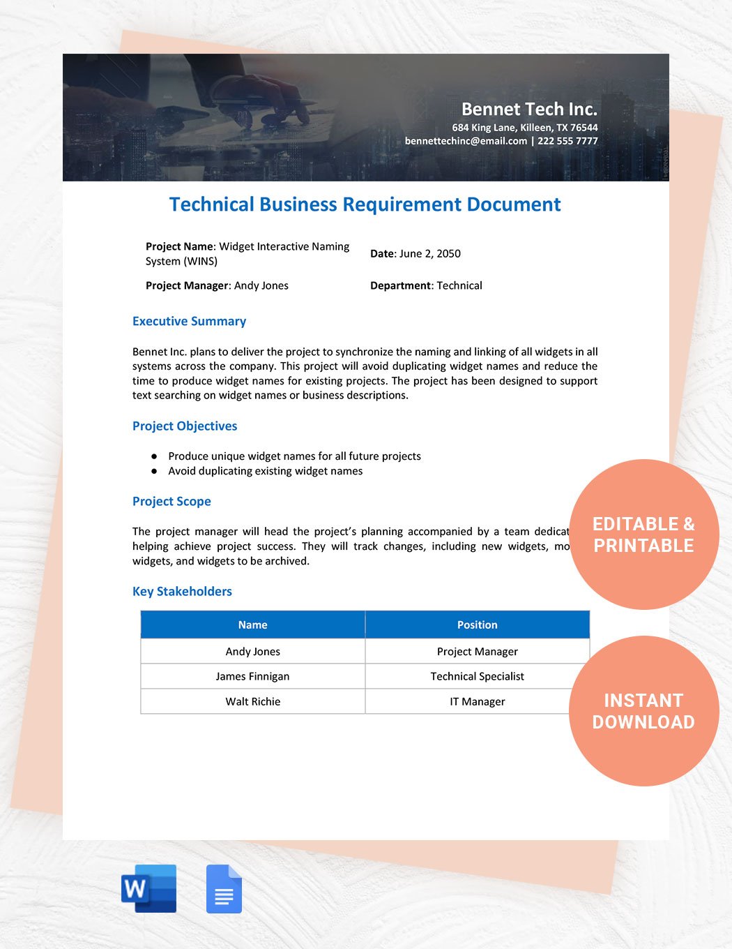 Technical Business Requirements Document Template Download in Word