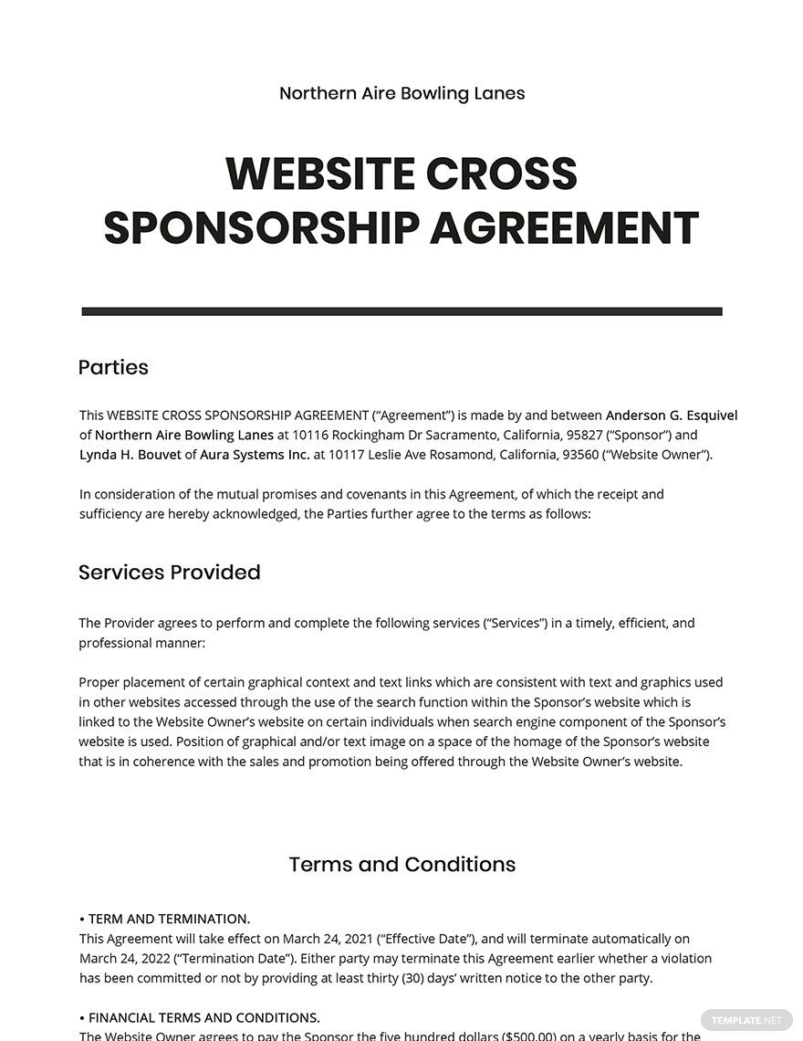 Website Cross Sponsorship Agreement Template