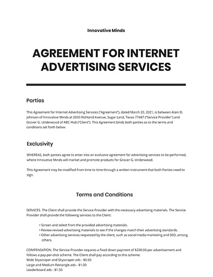 Agreement for Internet Advertising Services Template - Google Docs, Word, Apple Pages