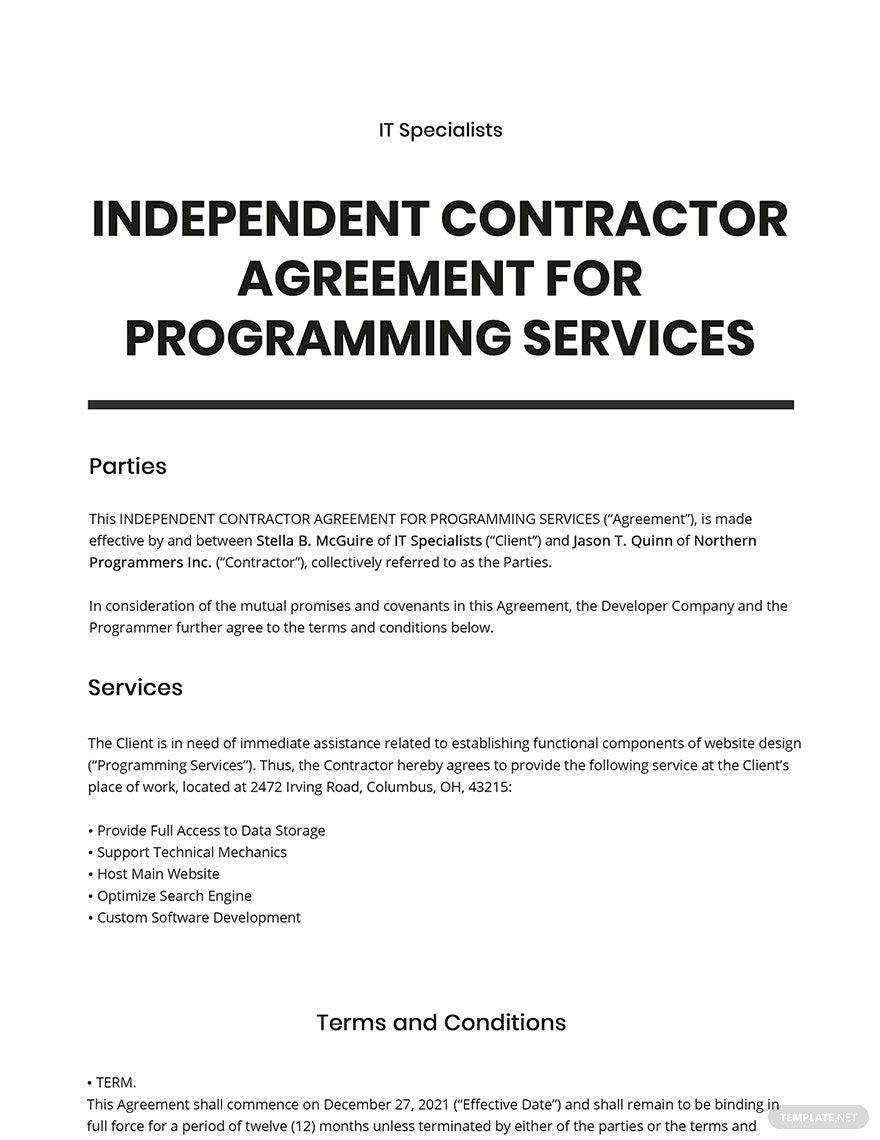 Independent Contractor Agreement For Programming Services Template