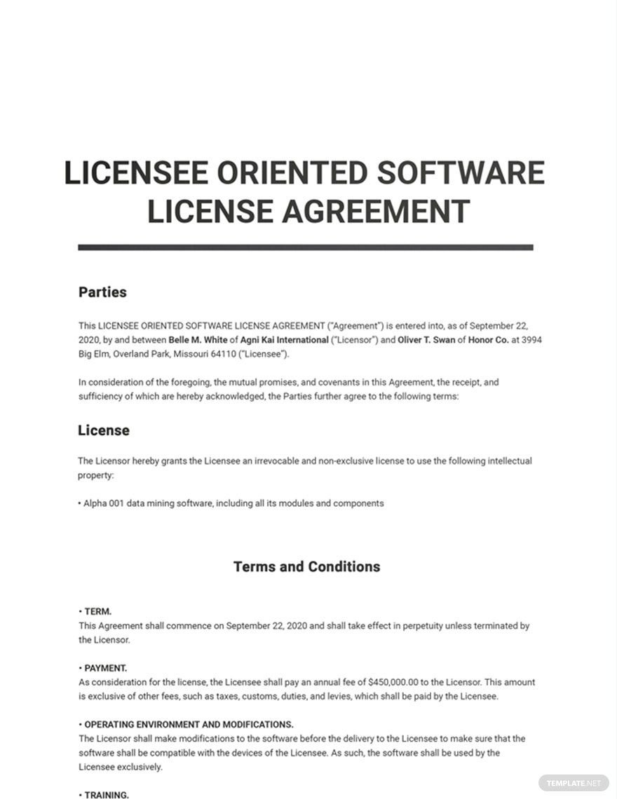 Licensee Oriented Software License Agreement Template