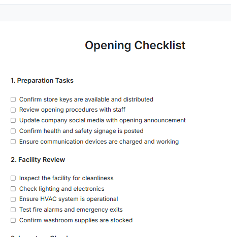 Free Opening Checklist Generator: Create Online | Template.net