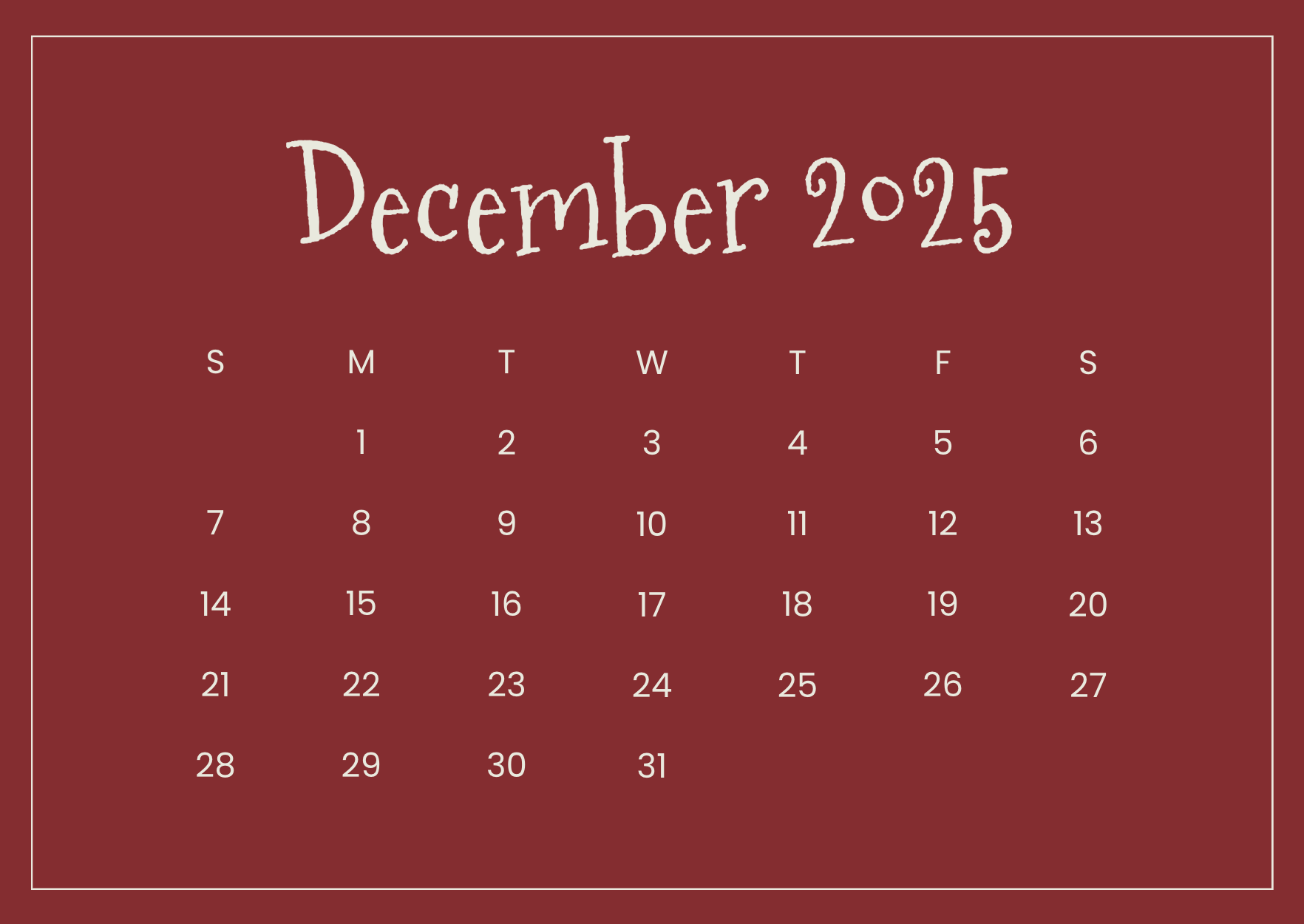 December Calendar Generator 2025