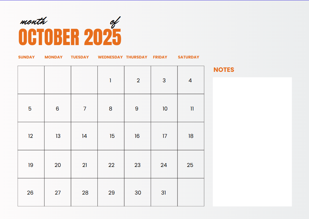 October Calendar Generator 2025
