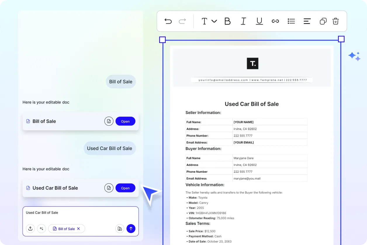 Free AI Bill of Sale Generator, Free Bill of Sale Maker Online