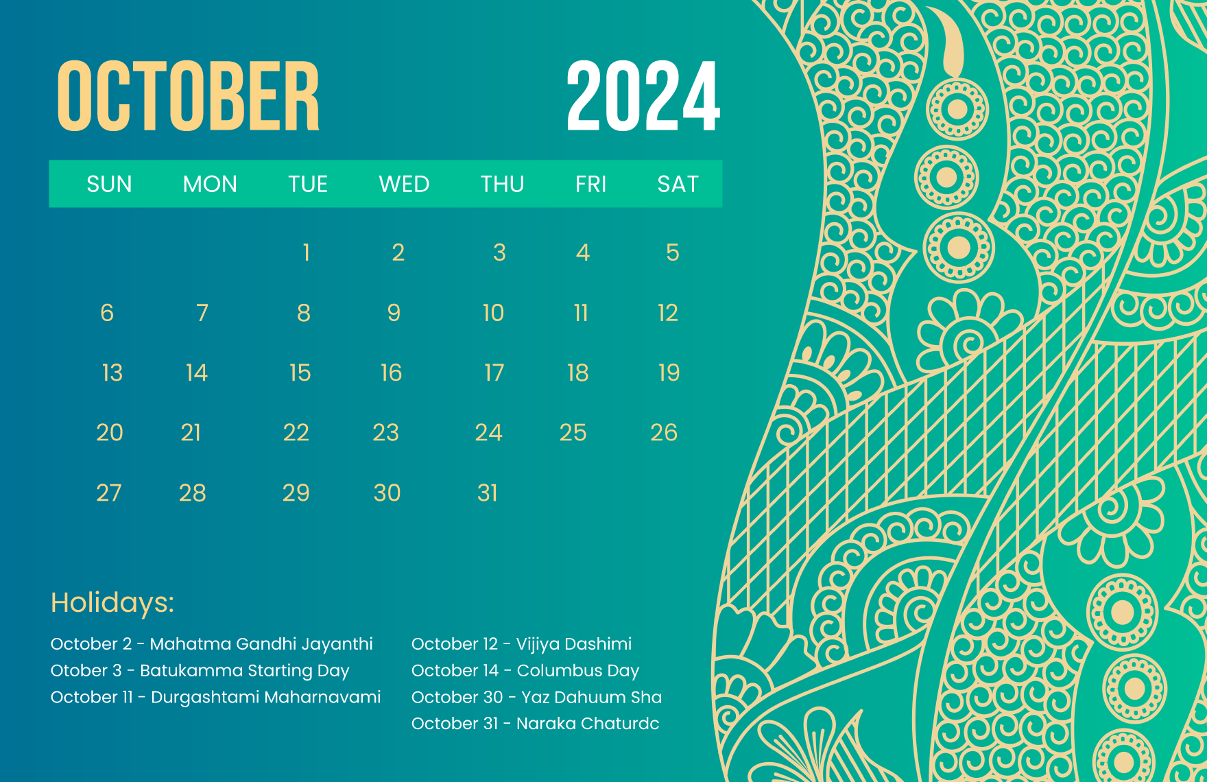 October 2024 Calendars