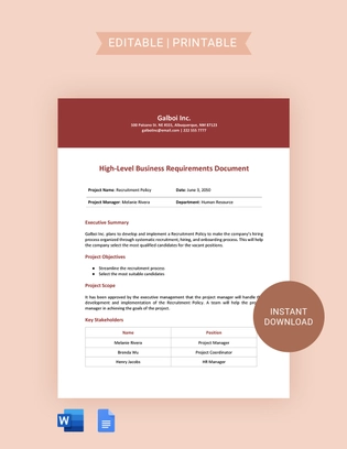 High-level Business Requirements Document Template