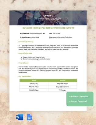 Business Intelligence Requirements Document Template