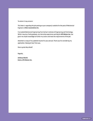 Fresher Mechanical Engineer Resume Cover Letter