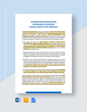 Shareholders Resolution Approving Voluntary Dissolution of the Company Template