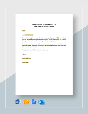 Request for Replacement of Check on Pending Order Template
