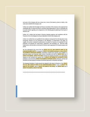 Board Resolution Regarding Banking and Creation of Operations Fund Template