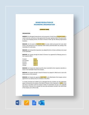 Board Resolution Regarding Organization Template