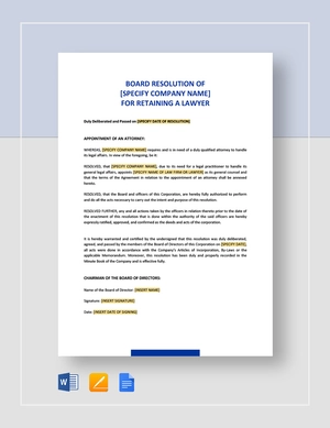 Board Resolution to Retain an Attorney Template