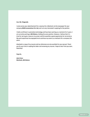 Mechanic Resume Cover Letter