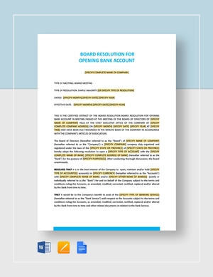 Board Resolution for Opening Bank Account Template
