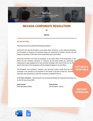 Nevada Corporate Resolution Template