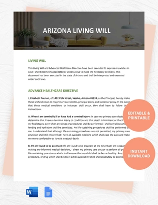 Arizona Living Will Template