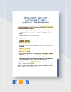 Board Resolution Approving Amendment to General By-Laws Template
