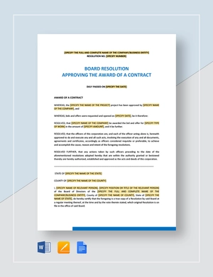 Board Resolution Approving the Award of a Contract Template