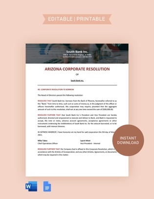Arizona Corporate Resolution Template