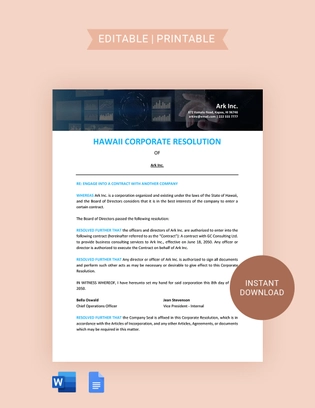 Hawaii Corporate Resolution Template