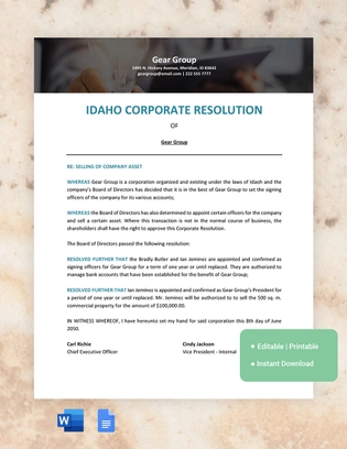 Idaho Corporate Resolution Template