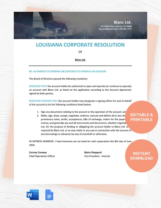 Louisiana Corporate Resolution Template