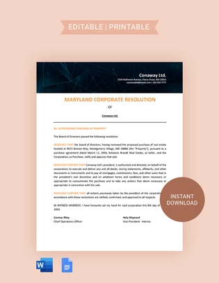 Maryland Corporate Resolution Template