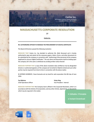 Massachusetts Corporate Resolution Template