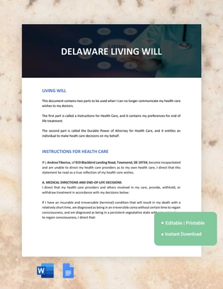 Delaware Living Will Template
