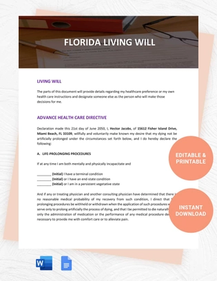 Florida Living Will Template